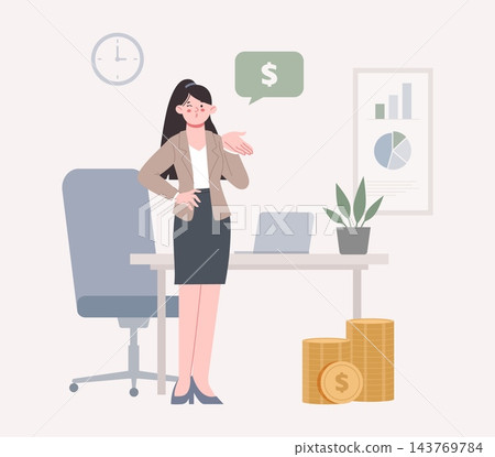 Young businesswoman on office place. Investment manager and profit. Banking worker with laptop, invest plans, gold money coins piles. Finance business vector scene Young businesswoman on office place. Investment manager and profit. Banking worker with laptop, invest plans, gold money coins piles. Finance business vector scene 143769784