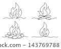Fire flames continuous line design. Different fires, simple one lines elements. Campfire, fire with stone and logs. Nature camping objects, vector set 143769788