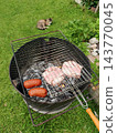 Garden Barbecue With Sausages And Bacon-Wrapped Cheese On  Charcoal Grill And A Cat In The Grass In The Background 143770045