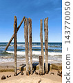 Weathered Wooden Posts on Sandy Beach With Ocean Waves and Clear Blue Sky Coastal Scene 143770050
