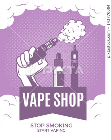 VAPE SHOP poster template with hand holding mod e liquid bottle and vapor cloud vector illustration VAPE SHOP poster template with hand holding mod e liquid bottle and vapor cloud vector illustration 143770084