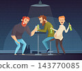 Three drunk men drinking beer at bar table under lamp with empty bottles cartoon vector illustration 143770085