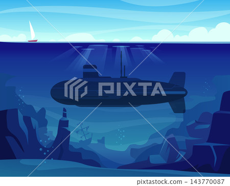 Submarine underwater with sunken shipwreck rocks and sailboat on sea surface flat cartoon vector background 143770087