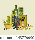 Olive oil bottles tins jar of olives wooden bowl and bruschetta flat vector illustration 143770090