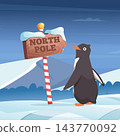 NORTH POLE wooden signpost with penguin in snowy winter landscape cartoon vector background 143770092