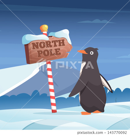 NORTH POLE wooden signpost with penguin in snowy winter landscape cartoon vector background NORTH POLE wooden signpost with penguin in snowy winter landscape cartoon vector background 143770092