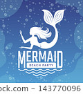 MERMAID BEACH PARTY logo design template with mermaid silhouette bubbles and waves vector illustration 143770096