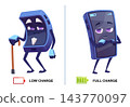 LOW CHARGE and FULL CHARGE smartphone mascot characters with battery icons cartoon vector set 143770097