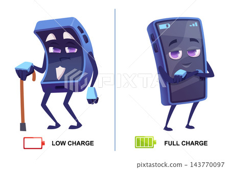 LOW CHARGE and FULL CHARGE smartphone mascot characters with battery icons cartoon vector set LOW CHARGE and FULL CHARGE smartphone mascot characters with battery icons cartoon vector set 143770097