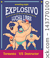 EXPLOSIVO LUCHA LIBRE wrestling night poster template with five masked Mexican wrestlers cartoon vector illustration 143770100
