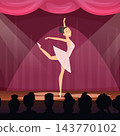 Ballerina dancing on theatre stage with pink curtains spotlights and audience silhouettes cartoon vector background 143770102
