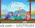 Adventure lettering with hedgehog giraffe driving cars and lion on scooter mountain road cartoon vector background 143770103