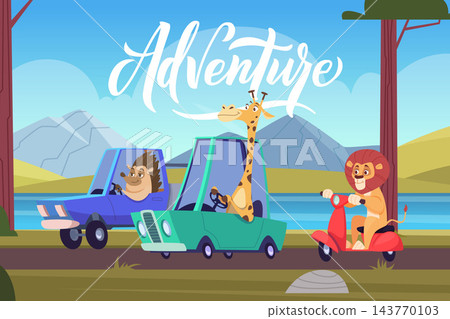 Adventure lettering with hedgehog giraffe driving cars and lion on scooter mountain road cartoon vector background Adventure lettering with hedgehog giraffe driving cars and lion on scooter mountain road cartoon vector background 143770103