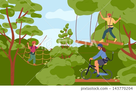 Family rope adventure park. Dad, mom and child climbing trees with safety equipment, navigating obstacles and crossing rope bridges. Active outdoor recreation. Vector cartoon illustration Family rope adventure park. Dad, mom and child climbing trees with safety equipment, navigating obstacles and crossing rope bridges. Active outdoor recreation. Vector cartoon illustration 143770204