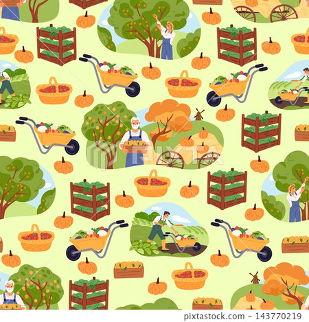Autumn harvest. Farmers gather vegetables and fruits in boxes, baskets and garden wheelbarrows. Seamless pattern. Decor textile, wrapping paper, wallpaper. Vector cartoon flat illustration Autumn harvest. Farmers gather vegetables and fruits in boxes, baskets and garden wheelbarrows. Seamless pattern. Decor textile, wrapping paper, wallpaper. Vector cartoon flat illustration 143770219
