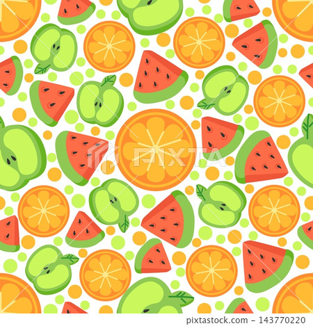 Beautiful and juicy cut pieces of fruit orange, watermelon, and apple. Seamless pattern. Decor textile, wrapping paper, wallpaper. Print for fabric. Vector cartoon isolated illustration Beautiful and juicy cut pieces of fruit orange, watermelon, and apple. Seamless pattern. Decor textile, wrapping paper, wallpaper. Print for fabric. Vector cartoon isolated illustration 143770220