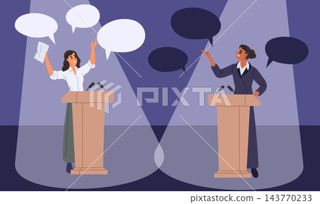 Political opponents arguing. Presidential candidate debates on stage with microphones, party members, public business speeches, male and female orators. Vector cartoon isolated illustration Political opponents arguing. Presidential candidate debates on stage with microphones, party members, public business speeches, male and female orators. Vector cartoon isolated illustration 143770233
