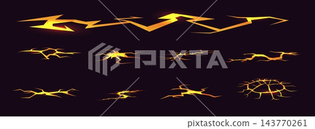 Cracks lava field. Volcanic magma. Surface effect with destructive fissures. Light inside. Orange glow in openings. Inferno fire. Vector elements set of destruction caused by earthquake Cracks lava field. Volcanic magma. Surface effect with destructive fissures. Light inside. Orange glow in openings. Inferno fire. Vector elements set of destruction caused by earthquake 143770261
