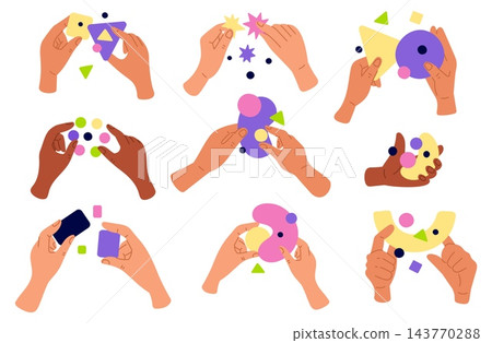 Hands holding multicolored abstract shapes. Assembling puzzles. Geometric flat forms and brightly colored pieces of paper. Creating collages. Arms matching jigsaw. Brainteasers vector set Hands holding multicolored abstract shapes. Assembling puzzles. Geometric flat forms and brightly colored pieces of paper. Creating collages. Arms matching jigsaw. Brainteasers vector set 143770288