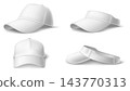 Cap with realistic brim. 3D model white sports hat that protects eyes from sun. Headwear mockup suitable for baseball, tennis or golf. Available open and closed. Basic headgear vector set 143770313