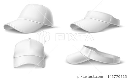 Cap with realistic brim. 3D model white sports hat that protects eyes from sun. Headwear mockup suitable for baseball, tennis or golf. Available open and closed. Basic headgear vector set Cap with realistic brim. 3D model white sports hat that protects eyes from sun. Headwear mockup suitable for baseball, tennis or golf. Available open and closed. Basic headgear vector set 143770313