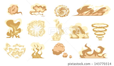 Cartoon dust clouds. Swirling road smog. Brown smoke and vapor effects. Spiral whirlwind. Particles in moving air. Smoky shapes resembling cumulus clouds. Chemical haze elements vector set 143770314