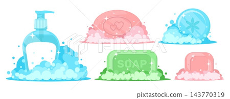 Cartoon soap bubbles. Liquid and bar detergent with foam. Body care and beauty products. Skin washing. Cleaning toiletry. Dispenser bottle with froth. Soapy cleanser. Cosmetics vector set Cartoon soap bubbles. Liquid and bar detergent with foam. Body care and beauty products. Skin washing. Cleaning toiletry. Dispenser bottle with froth. Soapy cleanser. Cosmetics vector set 143770319