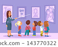 Children exhibition. Tour guide tells children about art history at picture gallery. Young visitors to artistic museum. Masterpieces showing. Kids group creative excursion. Vector concept 143770322