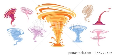 Colorful tornadoes. Effects of swirling winds. Vortexes of twisted air. Dangerous climate phenomena. Magical and natural twisters. Brightly colored funnels. Cartoon whirlwinds vector set 143770326