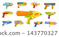 Colorful water guns. Childrens plastic toy handgun with futuristic design. Weapon for liquid spray nozzles. Aqua blasters. Pump revolvers. Vector elements set of Thai Songkran festival 143770327