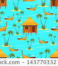 Islands with sand and palm trees. Seashore seamless pattern. Summer huts on stilts and boats. Repeated print. Tropical beach bungalows. Seaside landscape. Hawaiian travel. Vector background 143770332