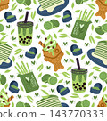 Matcha green tea powder products seamless pattern. Delicious dessert. Ice cream. Cocktails with straws. Repeated print. Asian beverages. Japanese bakery. Biscuit cakes. Vector background 143770333