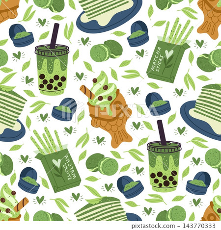 Matcha green tea powder products seamless pattern. Delicious dessert. Ice cream. Cocktails with straws. Repeated print. Asian beverages. Japanese bakery. Biscuit cakes. Vector background 143770333
