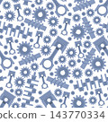 Mechanisms seamless pattern. Metal gears. Engine parts. Screws or crankshafts. Engineering equipment. Repeat print. Mechanical steel cogwheels. Machinery components. Vector background 143770334