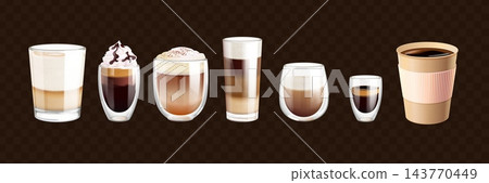 Realistic coffee glasses. Latte glass mug, cafe hot liquid cappuccino cup mocha ice milk foam crema chocolate espresso 3d cold beverage isolated set transparent vector illustration Realistic coffee glasses. Latte glass mug, cafe hot liquid cappuccino cup mocha ice milk foam crema chocolate espresso 3d cold beverage isolated set transparent vector illustration 143770449