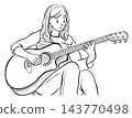 Illustration of a young woman playing the guitar (1 color) 143770498