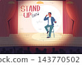 Man standup. Comedian tell joke story comedy stage, stand up audience open microphone speech monologue speaker performance concert night club cartoon character vector illustration 143770502
