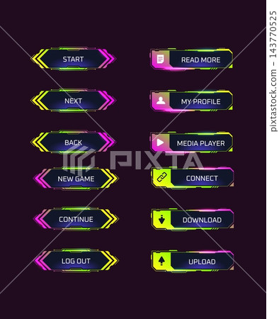 Game hud buttons. Cyber menu button, gaming futuristic display interface screen tech ui panel menu bar digital border scifi technology hologram neon frame user vector illustration 143770525