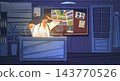 Detective night office work. Private investigator paperwork desk in dark cabinet room lamp light, investigate board spy secret interior cartoon police inspector vector illustration 143770526