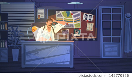 Detective night office work. Private investigator paperwork desk in dark cabinet room lamp light, investigate board spy secret interior cartoon police inspector vector illustration Detective night office work. Private investigator paperwork desk in dark cabinet room lamp light, investigate board spy secret interior cartoon police inspector vector illustration 143770526