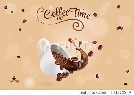 Coffee mug splash. Ceramic cup with coffee beans splashes poster, hot drink drip drop liquid break time breakfast concept banner cafe house 3d realistic vector illustration Coffee mug splash. Ceramic cup with coffee beans splashes poster, hot drink drip drop liquid break time breakfast concept banner cafe house 3d realistic vector illustration 143770569