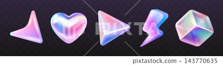 3d holographic figures. Realistic hologram abstract shape, purple chrome star arrow cube heart lightning figure neon gradient effect decoration geometric shapes vector illustration 3d holographic figures. Realistic hologram abstract shape, purple chrome star arrow cube heart lightning figure neon gradient effect decoration geometric shapes vector illustration 143770635