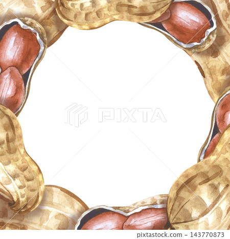 Watercolor square peanut frame on an isolated background. A frame with whole and chipped nuts with an empty place to insert 143770873