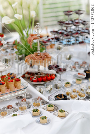 Gourmet mini burgers on elegant serving dishes Gourmet mini burgers on elegant serving dishes 143771068