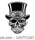 Gentleman Skull in Top Hat with Monocle Tattoo Vector Art 143771167