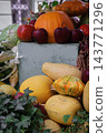 Autumn Harvest Still Life with Pumpkins, Apples and Squash. Farmer's market stand with fresh vegetables and fruits. Healthy food background. Pumpkin, apples, cabbage and squash in basket. 143771296