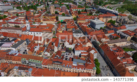 Celje City Downtown Aerial View Red Roofs Streets Slovenia Celje City Downtown Aerial View Red Roofs Streets Slovenia 143771396