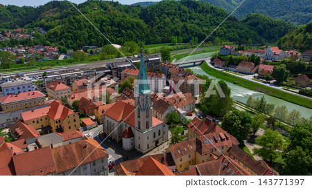 Celje City Downtown Aerial View Red Roofs Streets Slovenia Celje City Downtown Aerial View Red Roofs Streets Slovenia 143771397