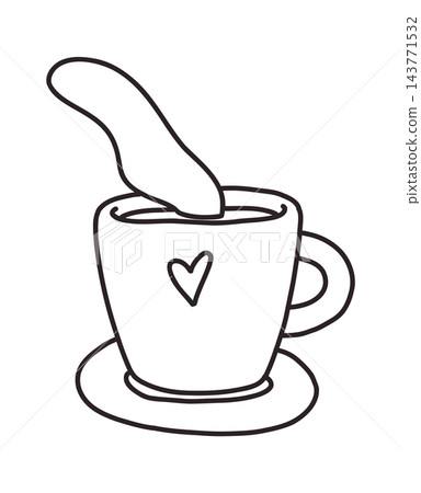 Cute doodle coffee mug with spoon and heart symbol in simple hand drawn outline style isolated on background. Cozy beverage illustration perfect for cafe branding, breakfast themes, kitchen decor Cute doodle coffee mug with spoon and heart symbol in simple hand drawn outline style isolated on background. Cozy beverage illustration perfect for cafe branding, breakfast themes, kitchen decor 143771532
