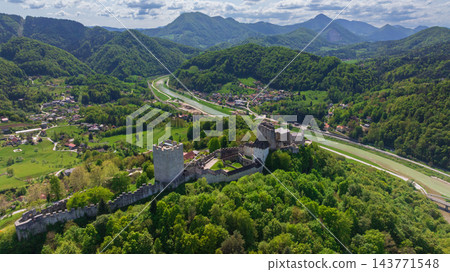 Aerial View Celje Castle Medieval Fortress Hilltop Slovenia Aerial View Celje Castle Medieval Fortress Hilltop Slovenia 143771548